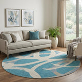 8' Teal Ivory And Gray Abstract Washable Round Rug With UV Protection
