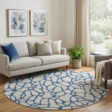 8' Beige And Navy Blue Geometric Washable Round Rug With UV Protection