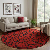 8' Red And Black Geometric Washable Round Rug With UV Protection