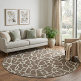 8' Brown And Beige Geometric Washable Round Rug With UV Protection