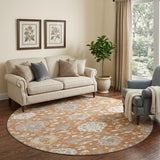8' Copper Gray And Ivory Damask Washable Round Rug With UV Protection