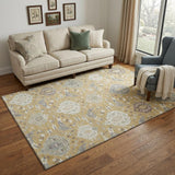 5' X 8' Gold Gray And Ivory Damask Washable Area Rug With UV Protection