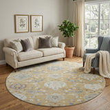8' Gold Gray And Ivory Damask Washable Round Rug With UV Protection