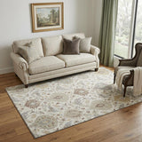5' X 8' Ivory Beige And Gray Damask Washable Area Rug With UV Protection