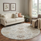 8' Ivory Beige And Gray Damask Washable Round Rug With UV Protection