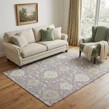 5' X 8' Lavender Gold And Ivory Damask Washable Area Rug With UV Protection