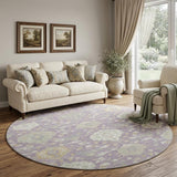 8' Lavender Gold And Ivory Damask Washable Round Rug With UV Protection