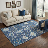 5' X 8' Navy Blue Ivory And Charcoal Damask Washable Area Rug With UV Protection
