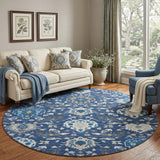 8' Navy Blue Ivory And Charcoal Damask Washable Round Rug With UV Protection
