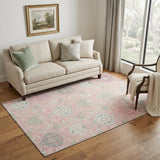 5' X 8' Pink Gray And Ivory Damask Washable Area Rug With UV Protection