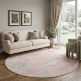 8' Pink Gray And Ivory Damask Washable Round Rug With UV Protection