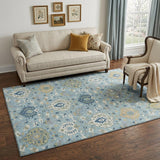 5' X 8' Sky Blue Gold And Gray Damask Washable Area Rug With UV Protection