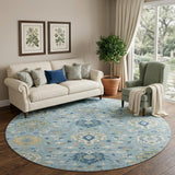 8' Sky Blue Gold And Gray Damask Washable Round Rug With UV Protection