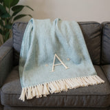 55" X 70" Sky Blue And White Herringbone Cotton Blend A Initial Throw Blanket with Tassels And Embroidery