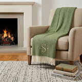 55" X 70" Moss Green And White Herringbone Cotton Blend S Initial Throw Blanket with Tassels And Embroidery