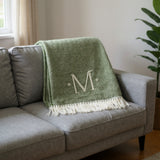 55" X 70" Moss Green And White Herringbone Cotton Blend M Initial Throw Blanket with Tassels And Embroidery