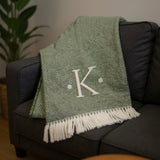 55" X 70" Moss Green And White Herringbone Cotton Blend K Initial Throw Blanket with Tassels And Embroidery