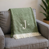 55" X 70" Moss Green And White Herringbone Cotton Blend J Throw Blanket with Tassels And Embroidery