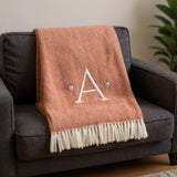 55" X 70" Terra Cotta And White Herringbone Cotton Blend A Initial Throw Blanket with Tassels And Embroidery