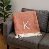 55" X 70" Terra Cotta And White Herringbone Cotton Blend K Initial Throw Blanket with Tassels And Embroidery