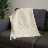 55" X 70" Linen And White Herringbone Cotton Blend M Initial Throw Blanket with Tassels And Embroidery
