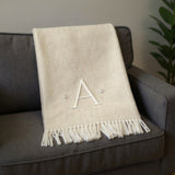 55" X 70" Linen And White Herringbone Cotton Blend A Initial Throw Blanket with Tassels And Embroidery