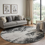8' Black Gray And Silver Abstract Washable Round Rug With UV Protection