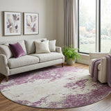 8' Eggplant And Ivory Abstract Washable Round Rug With UV Protection