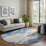 8' Navy Blue And Ivory Abstract Washable Round Rug With UV Protection