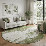 8' Olive Green And Ivory Abstract Washable Round Rug With UV Protection