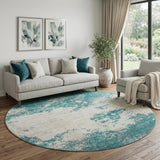 8' Teal And Ivory Abstract Washable Round Rug With UV Protection
