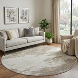 8' Taupe And Beige Abstract Washable Round Rug With UV Protection