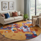 8' Copper Blue And Orange Abstract Washable Round Rug With UV Protection