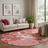 8' Coral Pink And Ivory Abstract Washable Round Rug With UV Protection