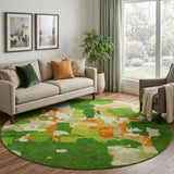 8' Green Copper And Orange Abstract Washable Round Rug With UV Protection