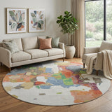 8' Ivory Orange Blue And Green Abstract Washable Round Rug With UV Protection