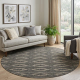 8' Black And Taupe Geometric Washable Round Rug With UV Protection