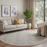 8' Gray Ivory And Gold Geometric Washable Round Rug With UV Protection