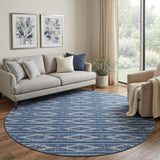8' Navy Blue And Ivory Geometric Washable Round Rug With UV Protection