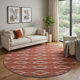 8' Red And Ivory Geometric Washable Round Rug With UV Protection