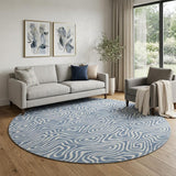 8' Denim Blue And Ivory Abstract Washable Round Rug With UV Protection