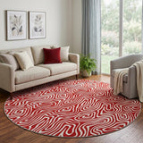 8' Red And Ivory Abstract Washable Round Rug With UV Protection
