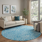 8' Teal And Ivory Abstract Washable Round Rug With UV Protection