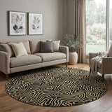 8' Black And Gold Abstract Washable Round Rug With UV Protection