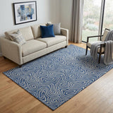 5' X 8' Navy Blue And White Abstract Washable Area Rug With UV Protection