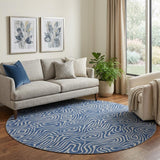 8' Navy Blue And White Abstract Washable Round Rug With UV Protection