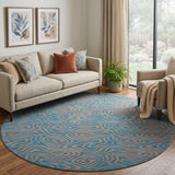 8' Teal And Peach Abstract Washable Round Rug With UV Protection