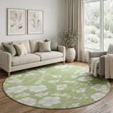 8' Artichoke Green And Ivory Floral Washable Round Rug With UV Protection