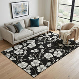 5' X 8' Black And Ivory Floral Washable Area Rug With UV Protection