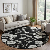 8' Black And Ivory Floral Washable Round Rug With UV Protection